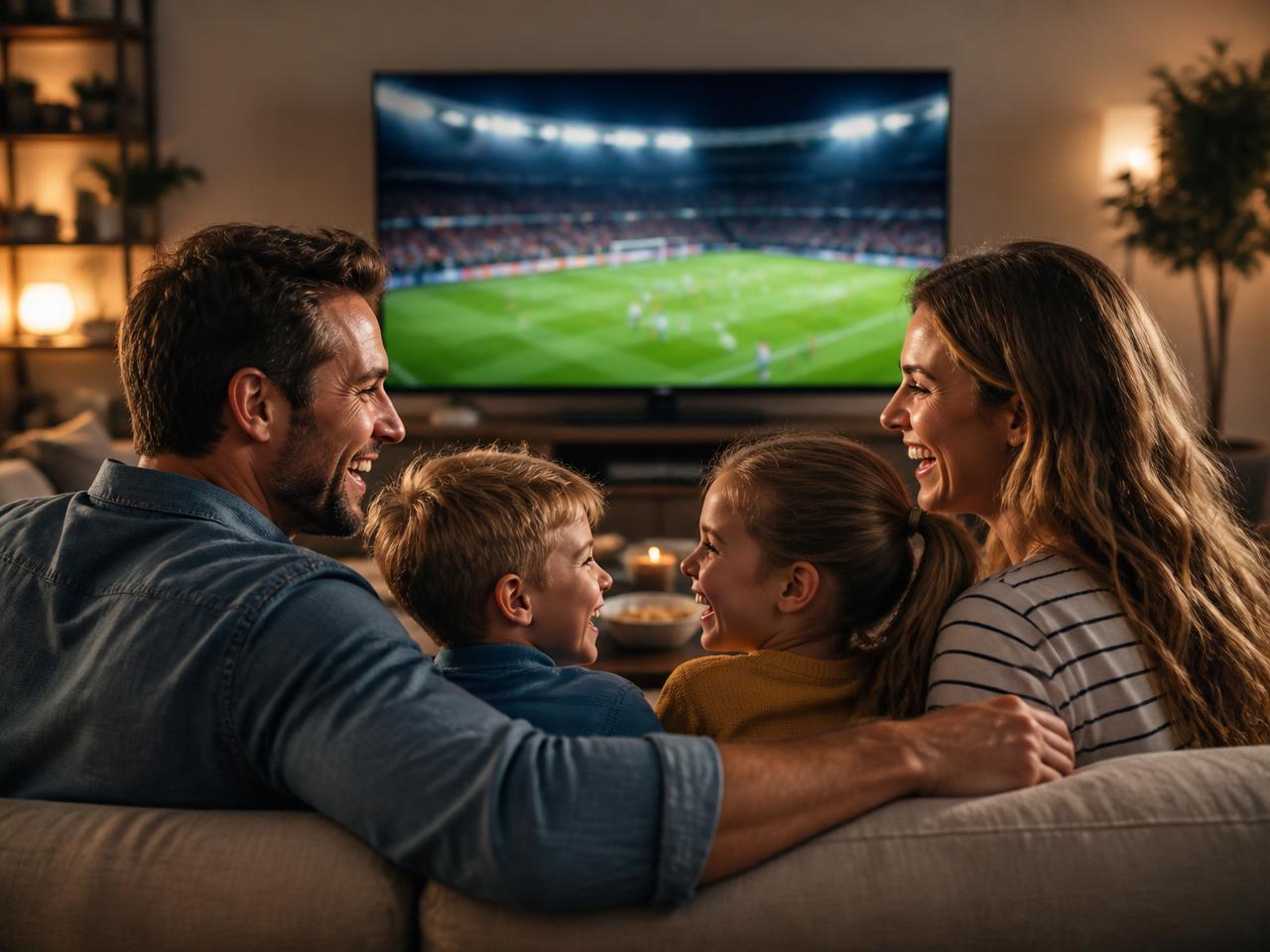 Família portuguesa a ver desporto na TV com Pacote MEO, NOS ou Vodafone