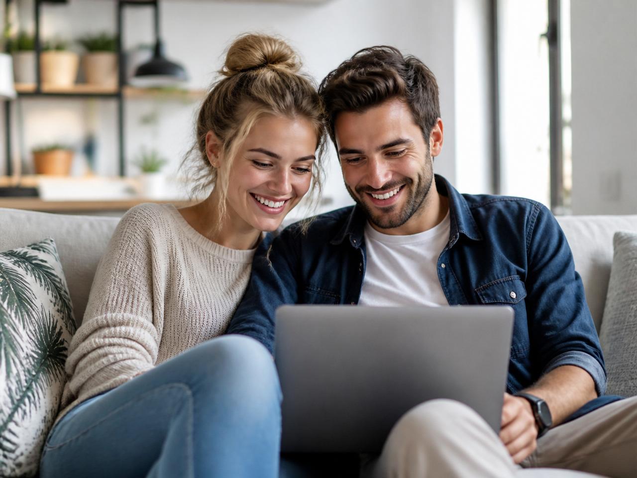 Casal a navegar na Internet Fibra em casa com Poupar Telecom