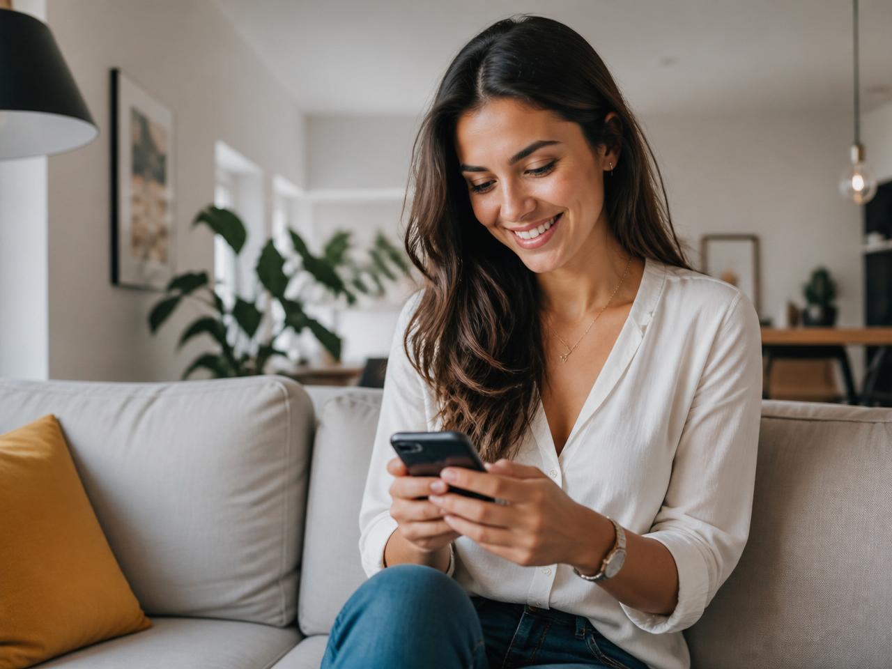 Cliente satisfeita a usar telemóvel 5G com plano MEO, NOS ou Vodafone